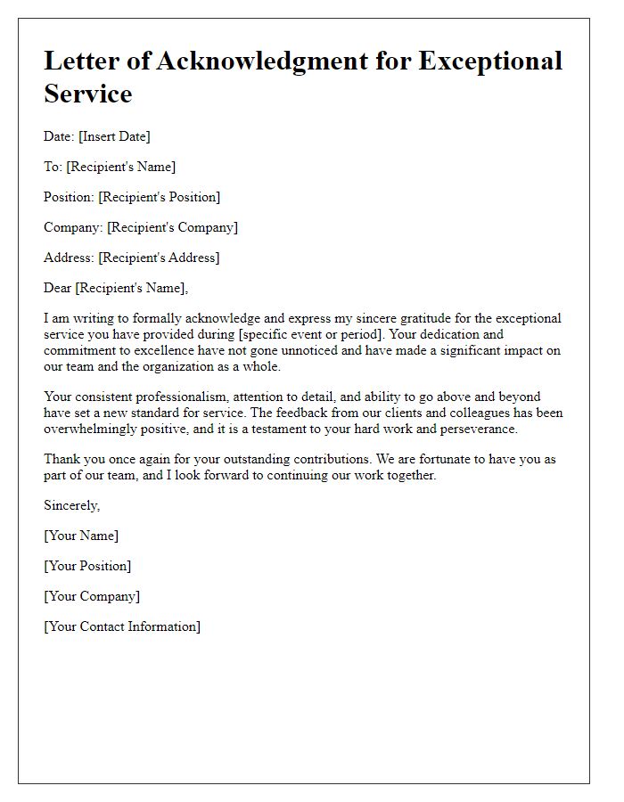 Letter template of acknowledgment for exceptional service