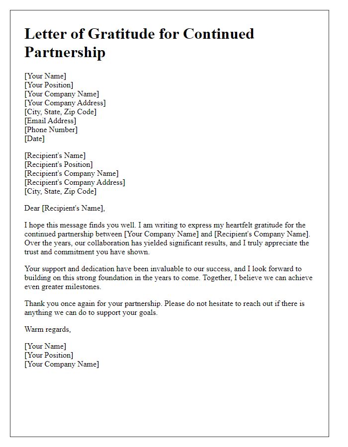 Letter template of gratitude for continued partnership