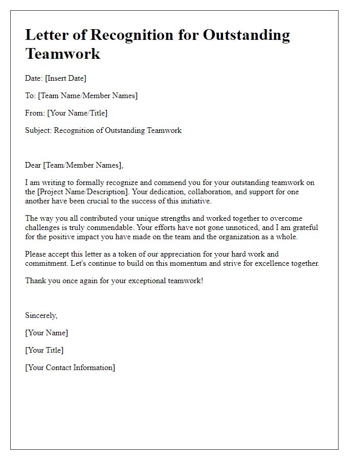 Letter template of recognition for outstanding teamwork