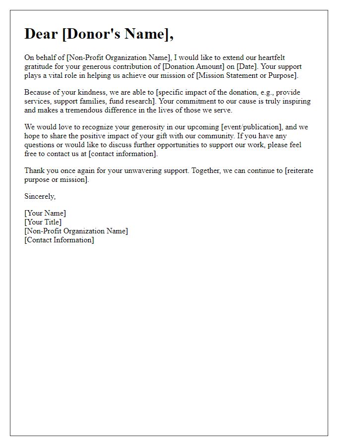 Letter template of donor recognition and appreciation for non-profit