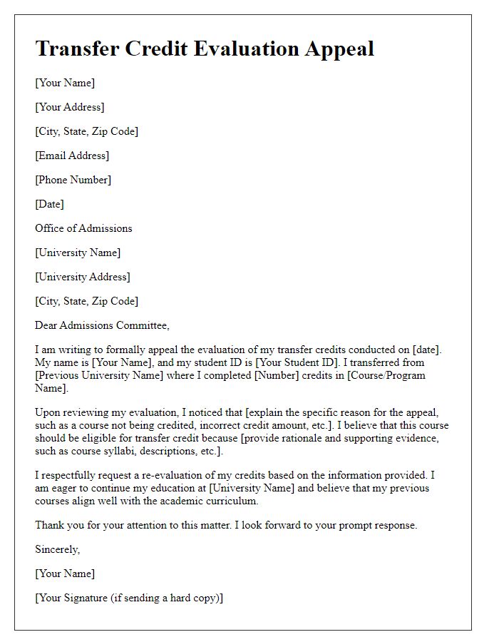 Letter template of appeal for transfer credit evaluation from university