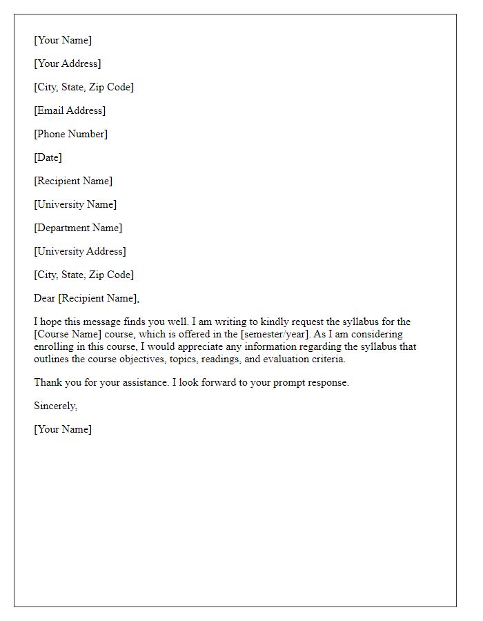 Letter template of query for course syllabus from university