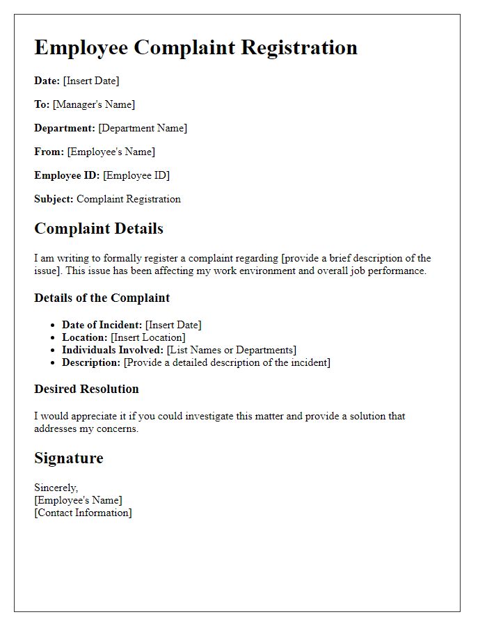 Letter template of employee complaint registration