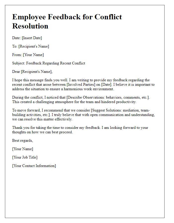 Letter template of employee feedback for conflict resolution