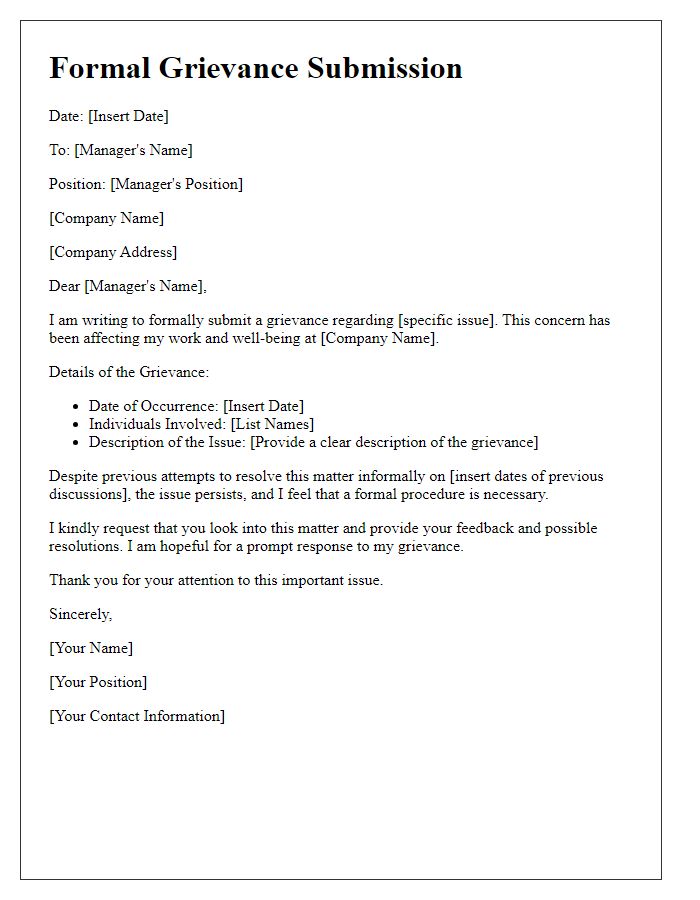 Letter template of formal grievance submission for workplace concerns