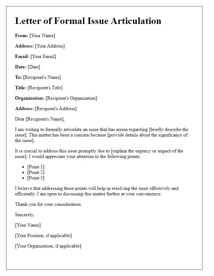 Letter template of formal issue articulation