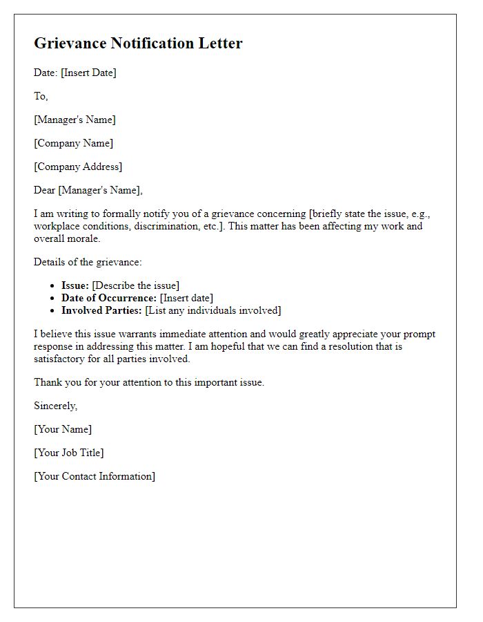 Letter template of grievance notification to management