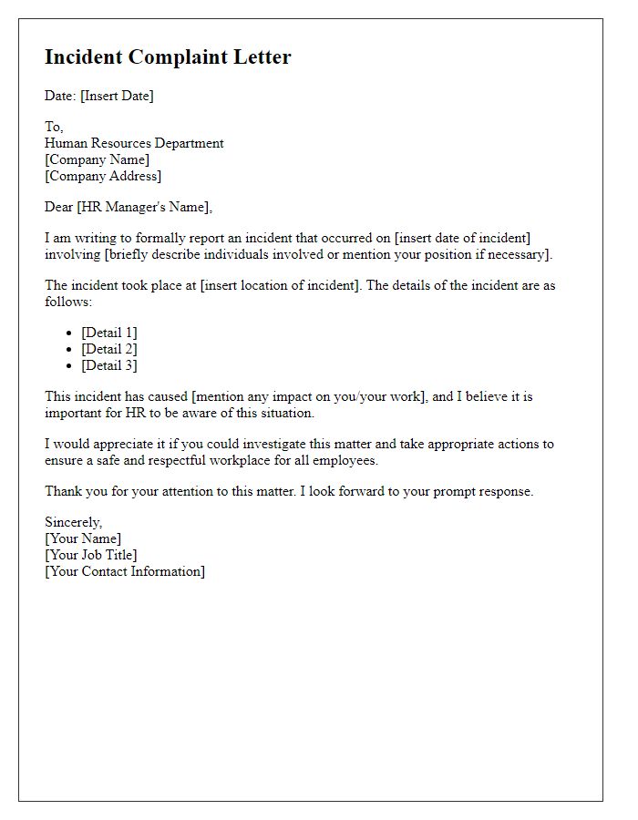 Letter template of incident complaint for HR