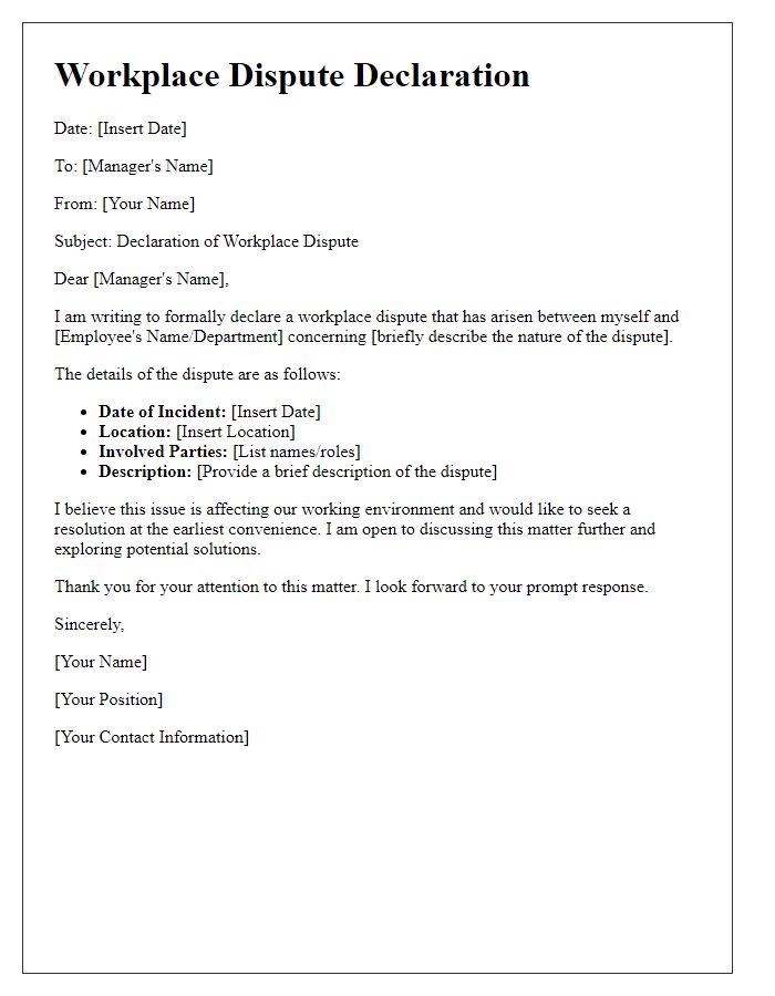 Letter template of workplace dispute declaration