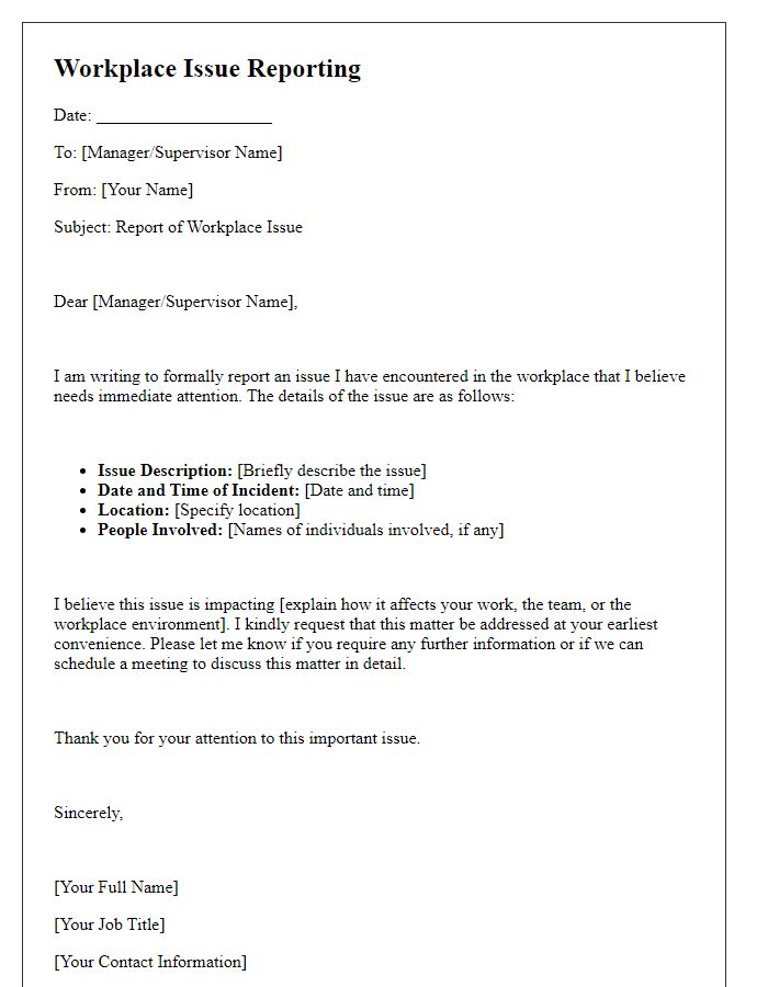 Letter template of workplace issue reporting