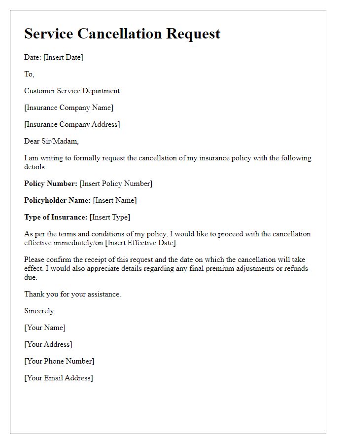 Letter template of service cancellation request for insurance policy