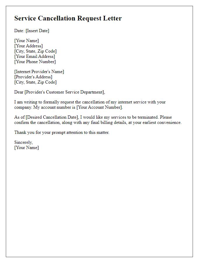 Letter template of service cancellation request for internet provider