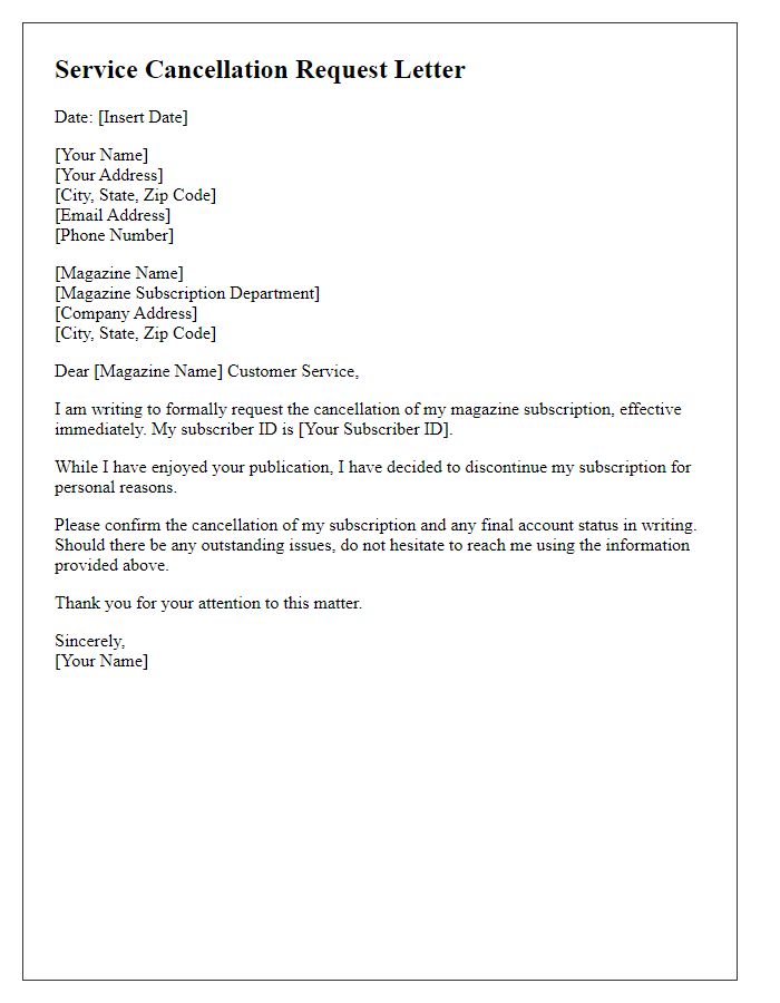 Letter template of service cancellation request for magazine subscription