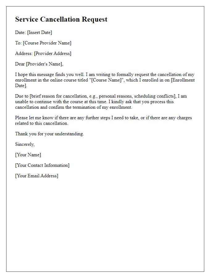 Letter template of service cancellation request for an online course