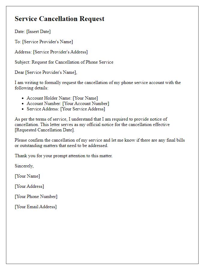 Letter template of service cancellation request for phone service