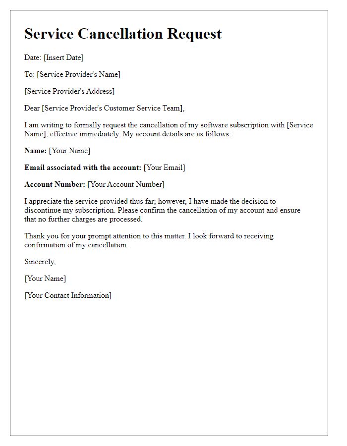 Letter template of service cancellation request for software subscription