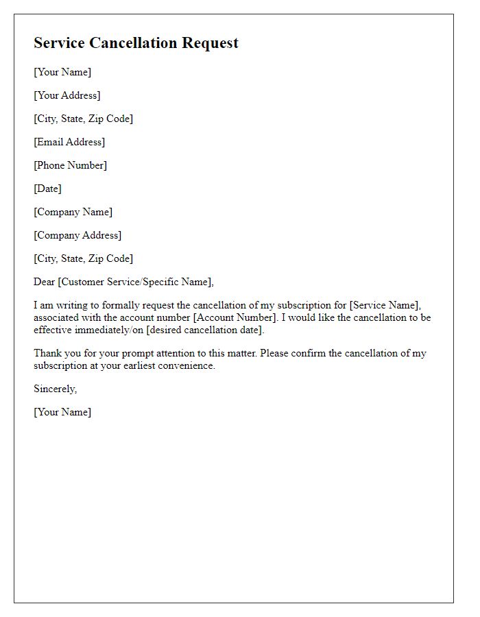 Letter template of service cancellation request for subscription service