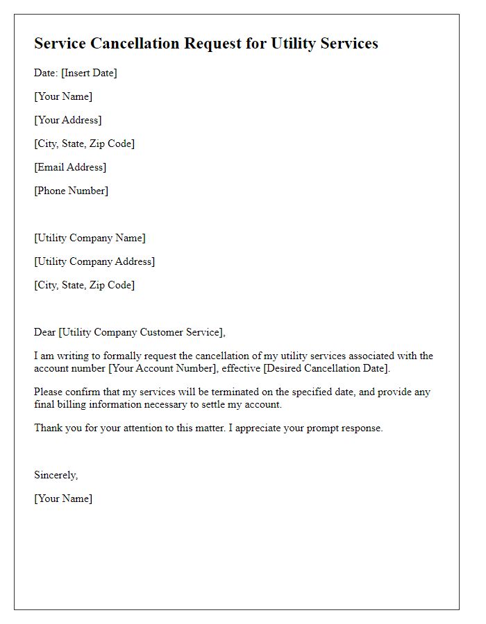 Letter template of service cancellation request for utility services