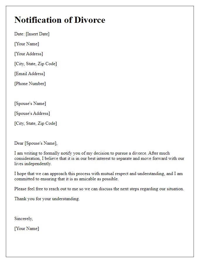 Letter template of divorce notification to spouse.