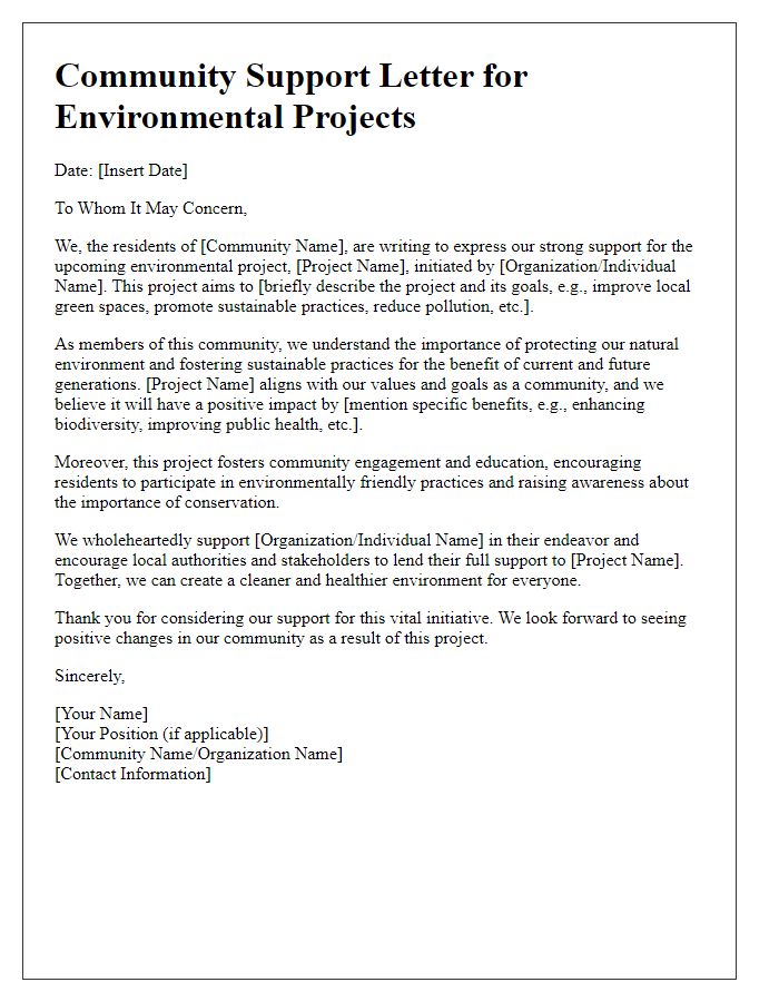 Letter template of community support for environmental projects