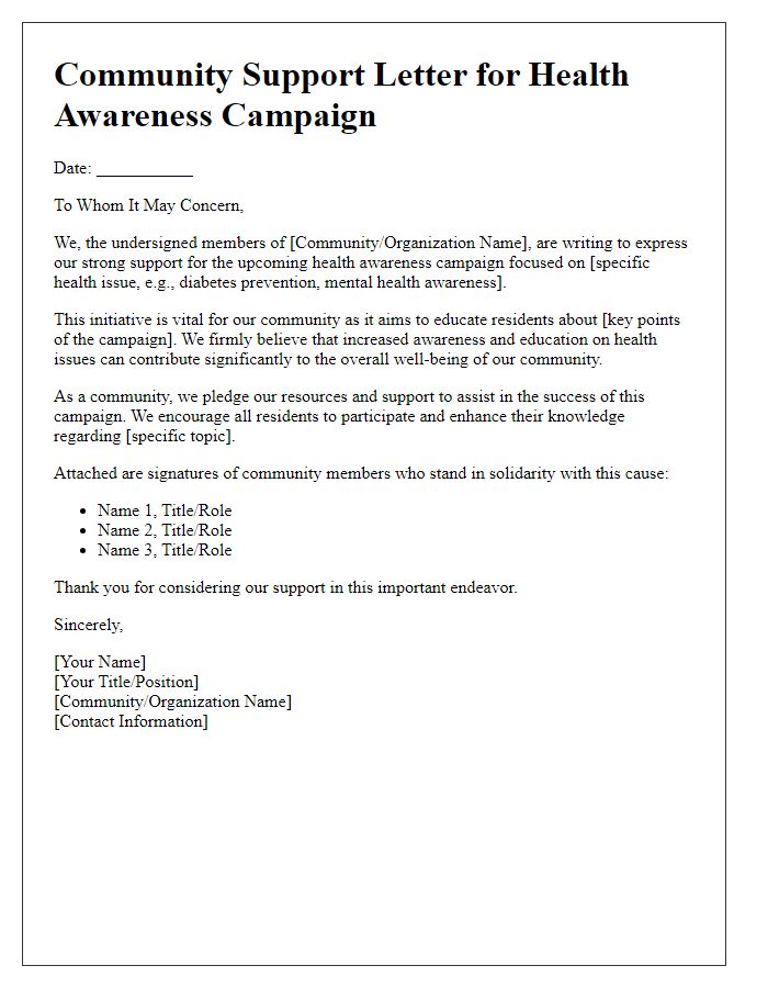 Letter template of community support for health awareness campaigns