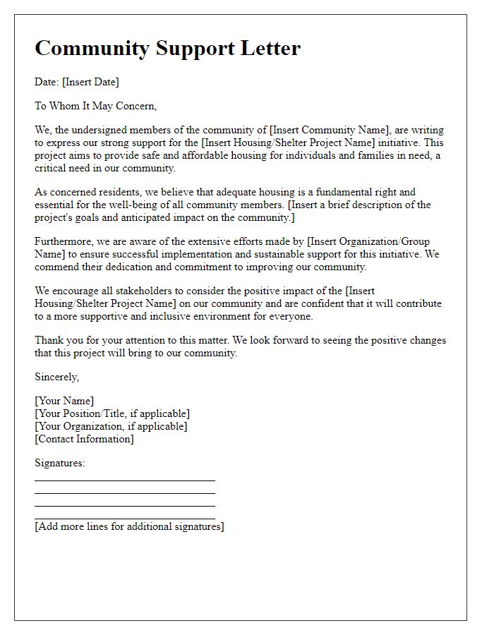 Letter template of community support for housing and shelter projects