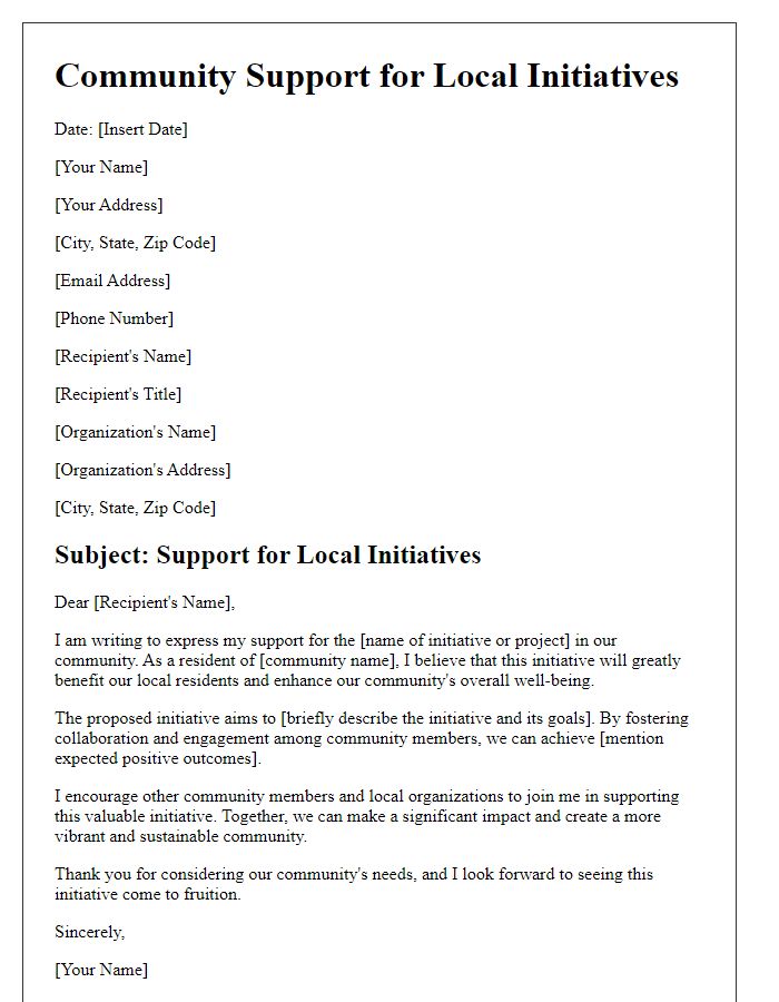 Letter template of community support for local initiatives