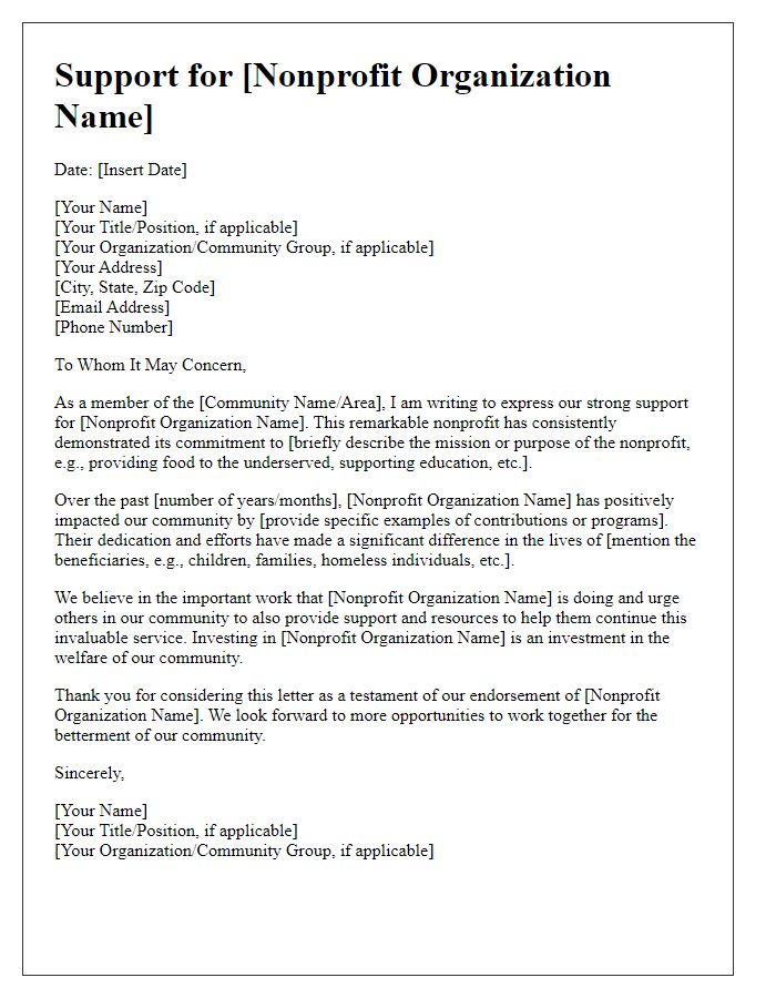 Letter template of community support for nonprofit organizations