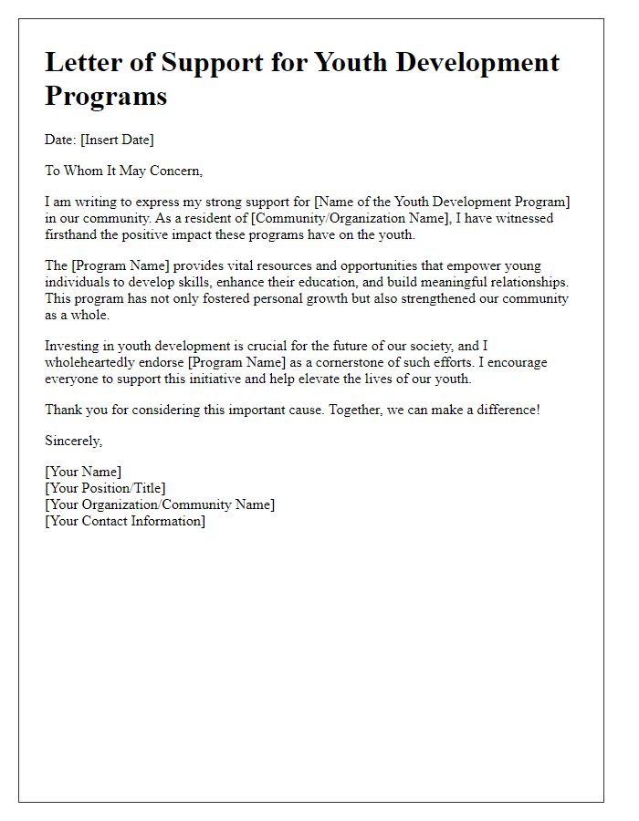 Letter template of community support for youth development programs