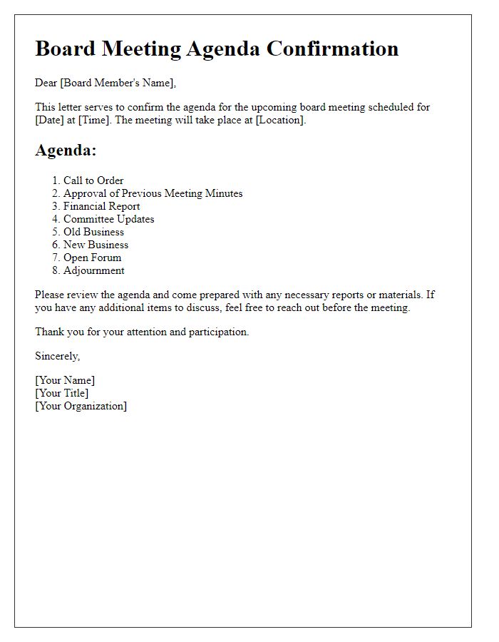 Letter template of board meeting agenda confirmation