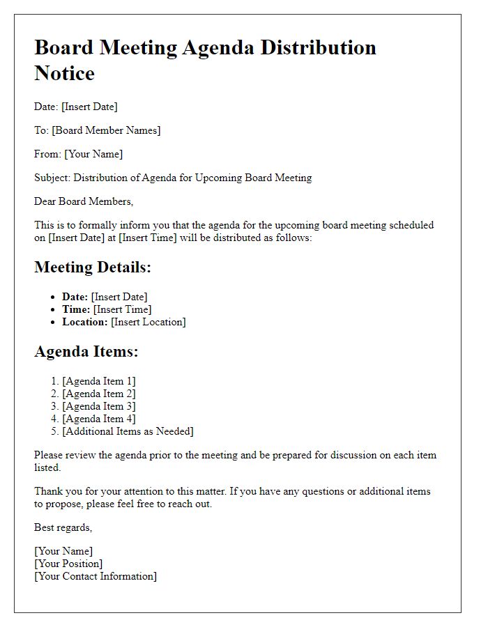 Letter template of board meeting agenda distribution notice