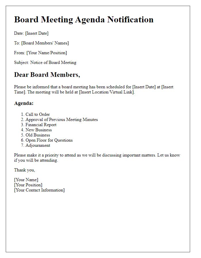 Letter template of board meeting agenda notification