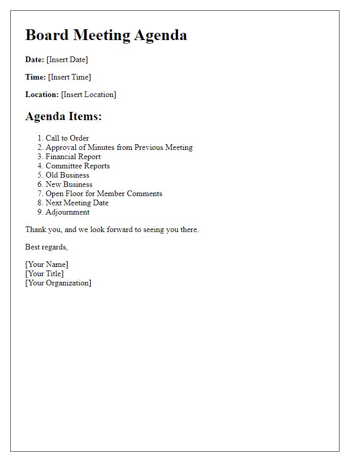 Letter template of board meeting agenda preparation