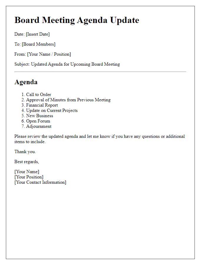 Letter template of board meeting agenda update