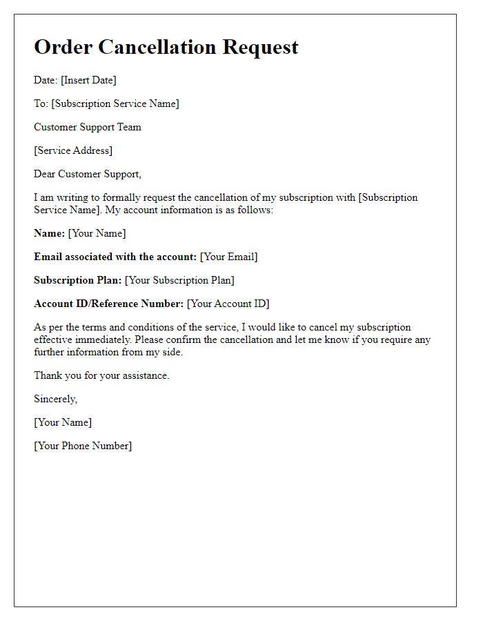 Letter template of order cancellation request for a subscription service