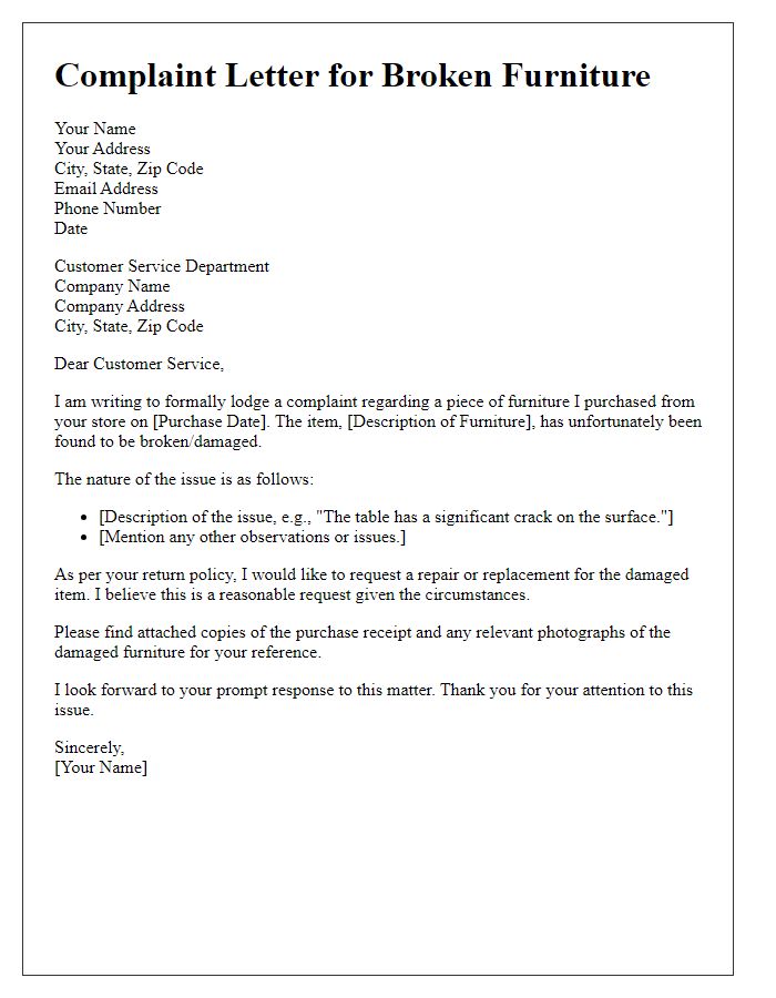 Letter template of complaint for broken furniture issue.