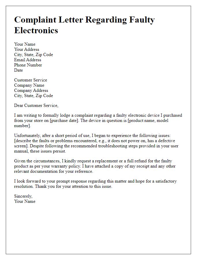 Letter template of complaint regarding faulty electronics.