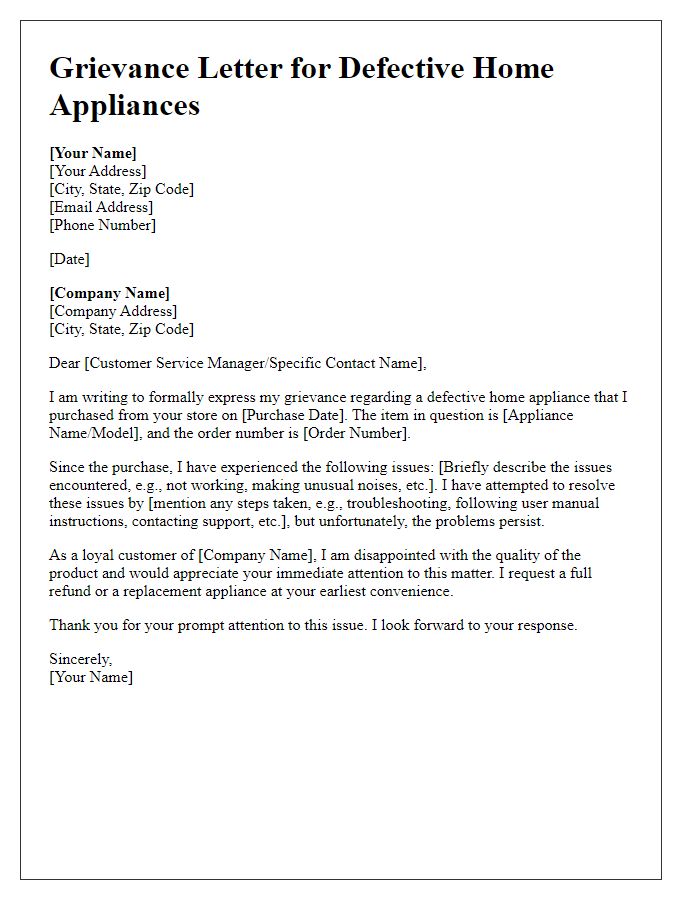 Letter template of grievance for defective home appliances.