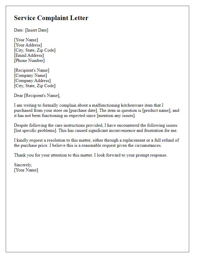 Letter template of service complaint for malfunctioning kitchenware.