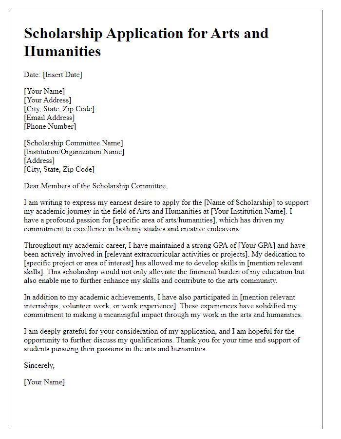 Letter template of scholarship application for arts and humanities