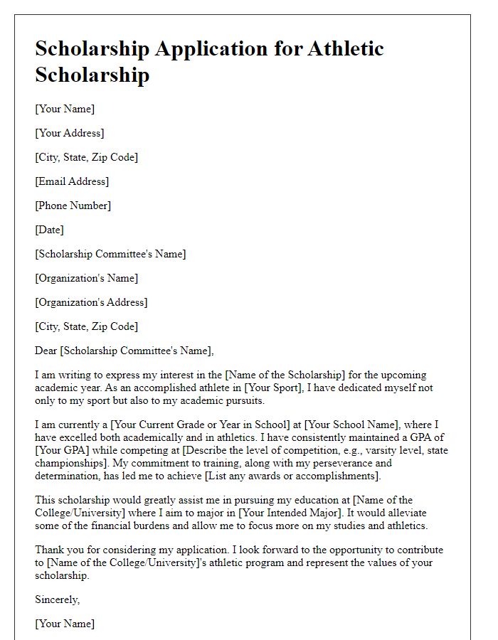 Letter template of scholarship application for athletic scholarships