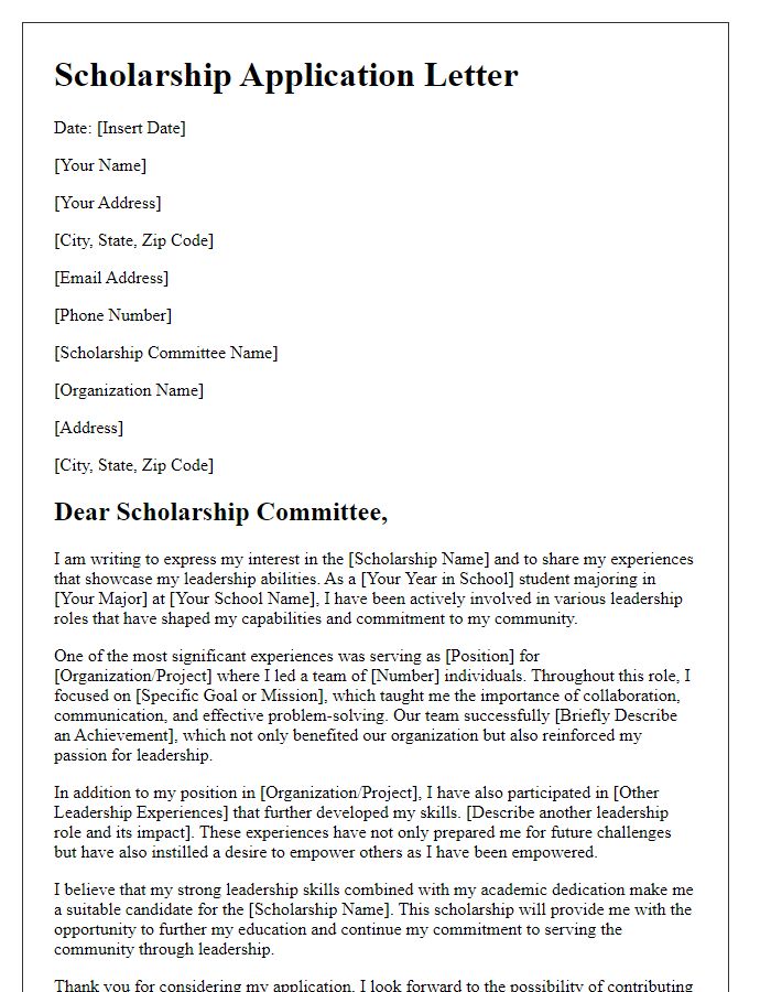 Letter template of scholarship application focusing on leadership experience