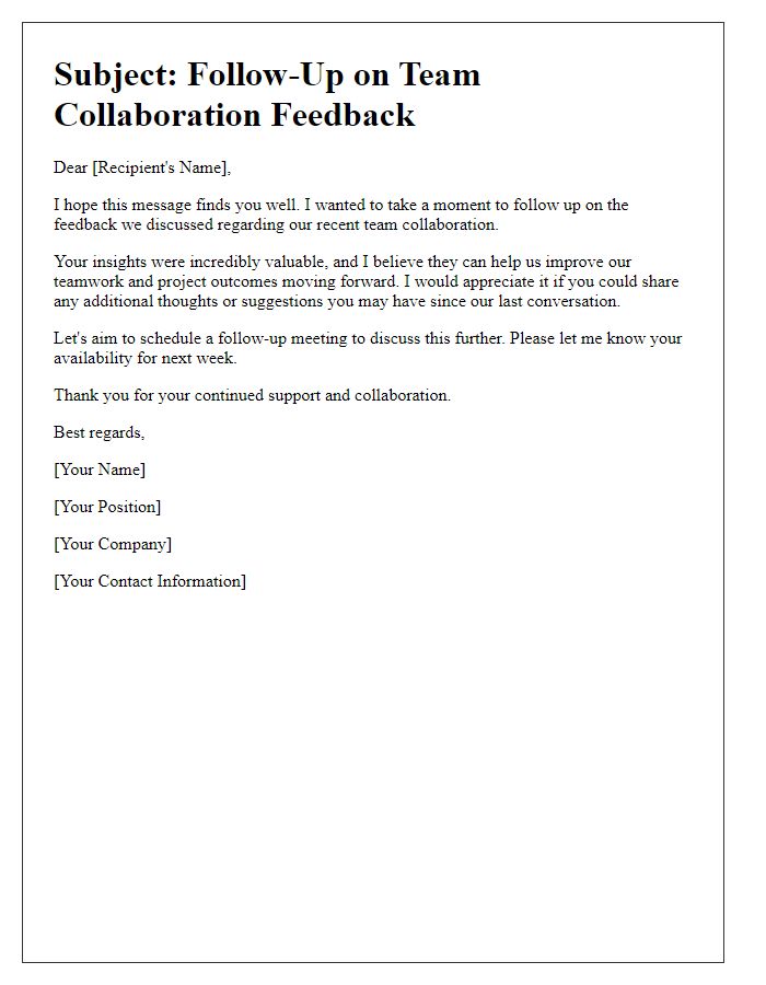 Letter template of follow-up on feedback for team collaboration.