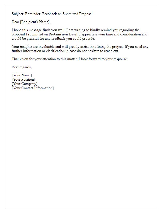 Letter template of reminder for feedback on submitted proposal.
