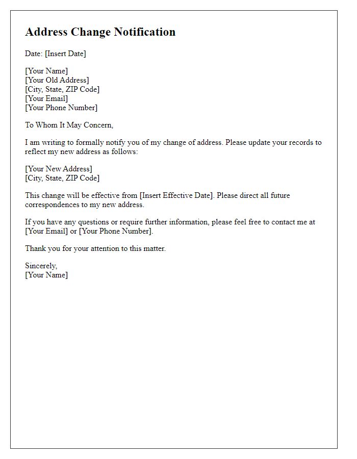 Letter template of address change notification for formal correspondences