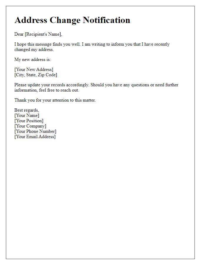 Letter template of address change notification for professional contacts