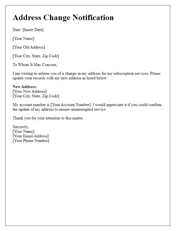 Letter template of address change notification for subscription services