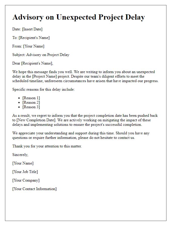 Letter template of advisory on unexpected project delay