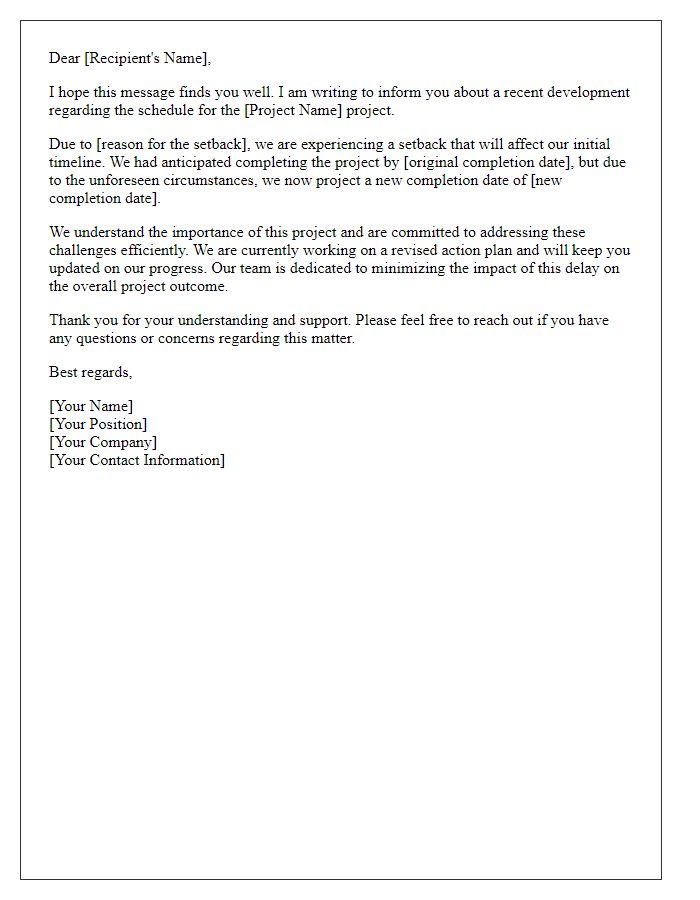 Letter template of formal communication about project schedule setback