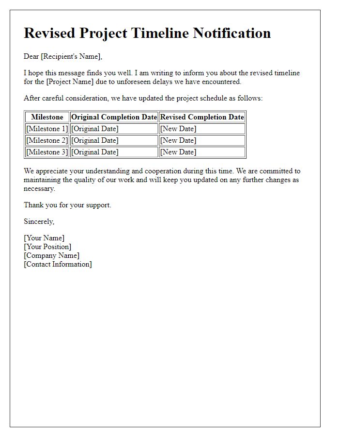 Letter template of revised project timeline due to delays